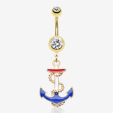 Golden Classic Euro Anchor Belly Button Ring-Clear Gem