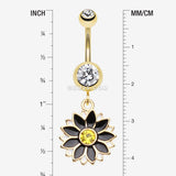 Detail View 1 of Golden Daisy Blossom Flower Belly Button Ring-Clear Gem/Black