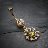 Detail View 2 of Golden Daisy Blossom Flower Belly Button Ring-Clear Gem/Black