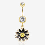 Golden Daisy Blossom Flower Belly Button Ring-Clear Gem/Black