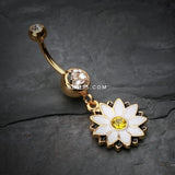 Detail View 2 of Golden Daisy Blossom Flower Belly Button Ring-Clear Gem/White