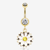 Golden Daisy Blossom Flower Belly Button Ring-Clear Gem/White