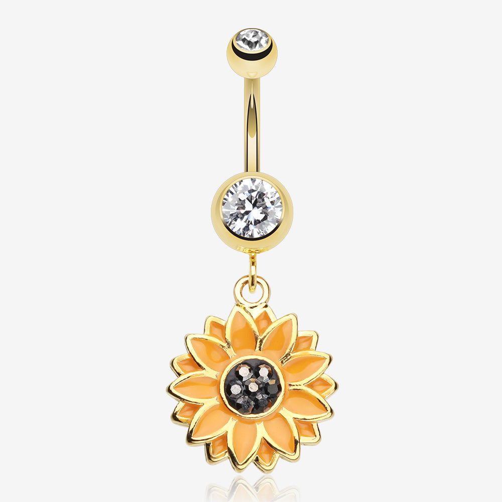 Golden Beach Sunflower Belly Button Ring-Clear Gem