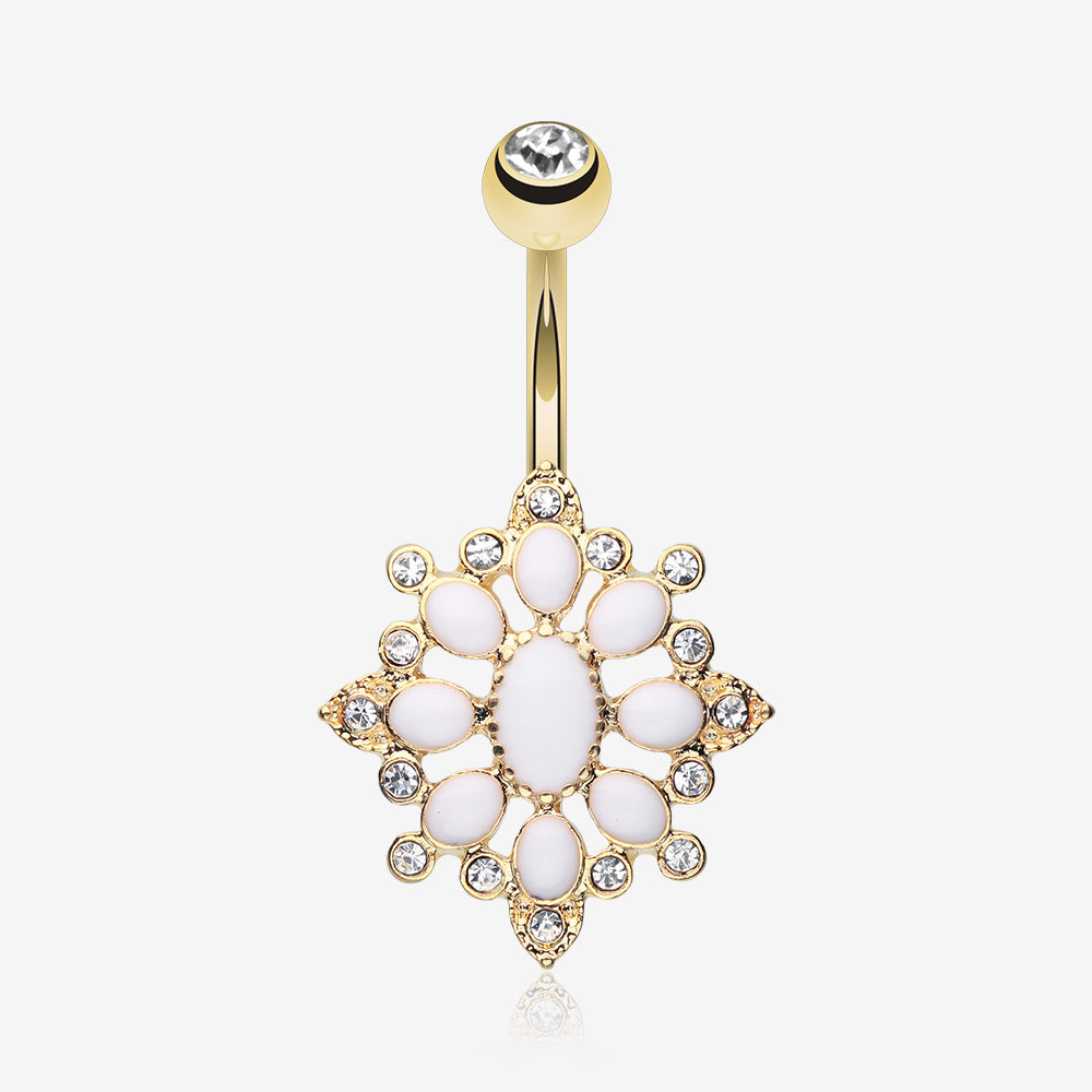 Golden Roesia Ornate Multi-Gem Belly Button Ring-Clear Gem/White