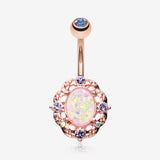 Rose Gold Florid Opal Sparkle Belly Button Ring-Aurora Borealis/Tanzanite