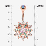 Detail View 1 of Rose Gold Flower Entice Belly Button Ring-Aurora Borealis/Teal