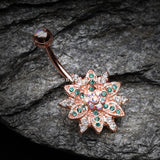 Detail View 2 of Rose Gold Flower Entice Belly Button Ring-Aurora Borealis/Teal