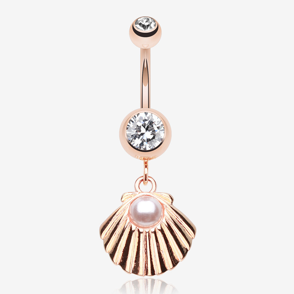 Rose Gold Ariel's Shell Dangle Belly Button Ring-Clear Gem