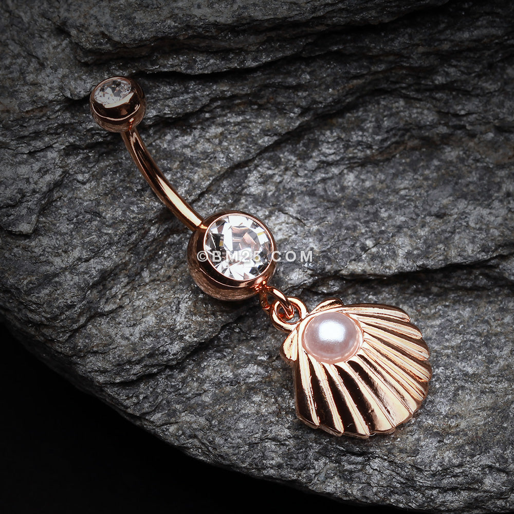 Detail View 2 of Rose Gold Ariel's Shell Dangle Belly Button Ring-Clear Gem