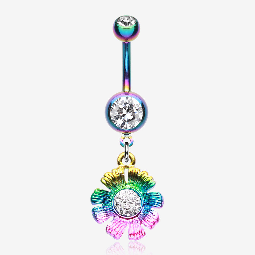 Colorline Rainbow Sparkle Flower Belly Button Ring-Rainbow/Clear