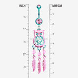 Detail View 1 of Colorline Guardian Owl Dreamcatcher Belly Button Ring-Teal/Pink