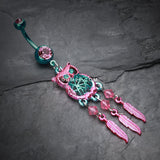 Detail View 2 of Colorline Guardian Owl Dreamcatcher Belly Button Ring-Teal/Pink