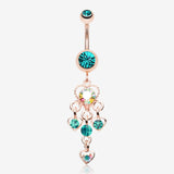 Rose Gold Sparkle Multi Heart Belly Button Ring-Teal