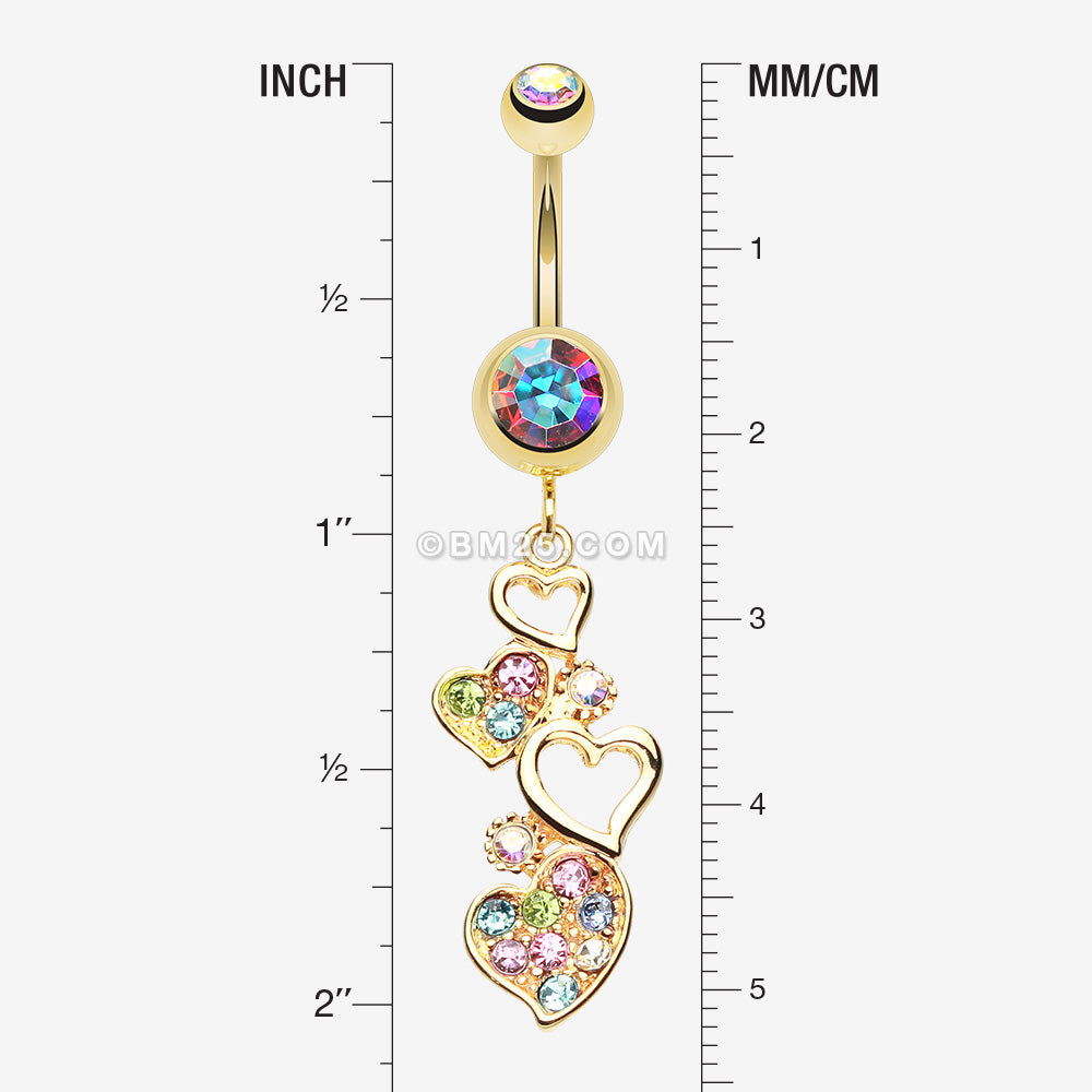 Detail View 1 of Golden Sparkling Heart Cluster Belly Button Ring-Aurora Borealis