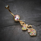 Detail View 2 of Golden Sparkling Heart Cluster Belly Button Ring-Aurora Borealis