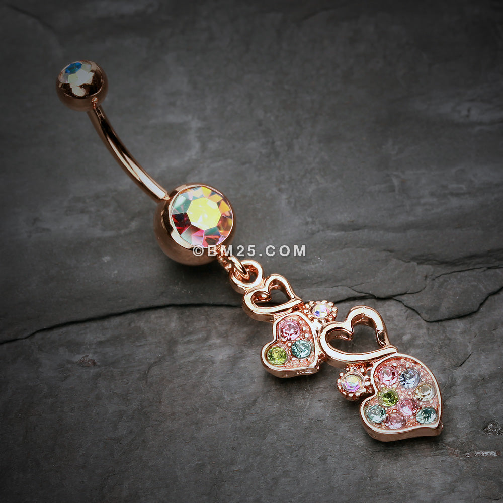 Detail View 2 of Rose Gold Sparkling Heart Cluster Belly Button Ring-Aurora Borealis