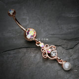 Detail View 2 of Rose Gold Elegant Jeweled Pearl Dangle Belly Button Ring-Aurora Borealis