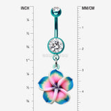 Detail View 1 of Colorline Hawaiian Plumeria Flower Belly Button Ring-Teal/Clear