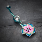 Detail View 2 of Colorline Hawaiian Plumeria Flower Belly Button Ring-Teal/Clear