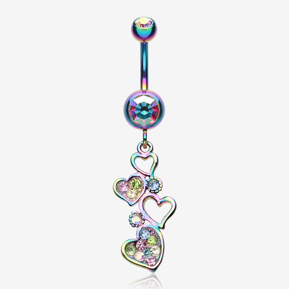 Rainbow Sparkling Heart Cluster Belly Button Ring-Rainbow/Aurora Borealis