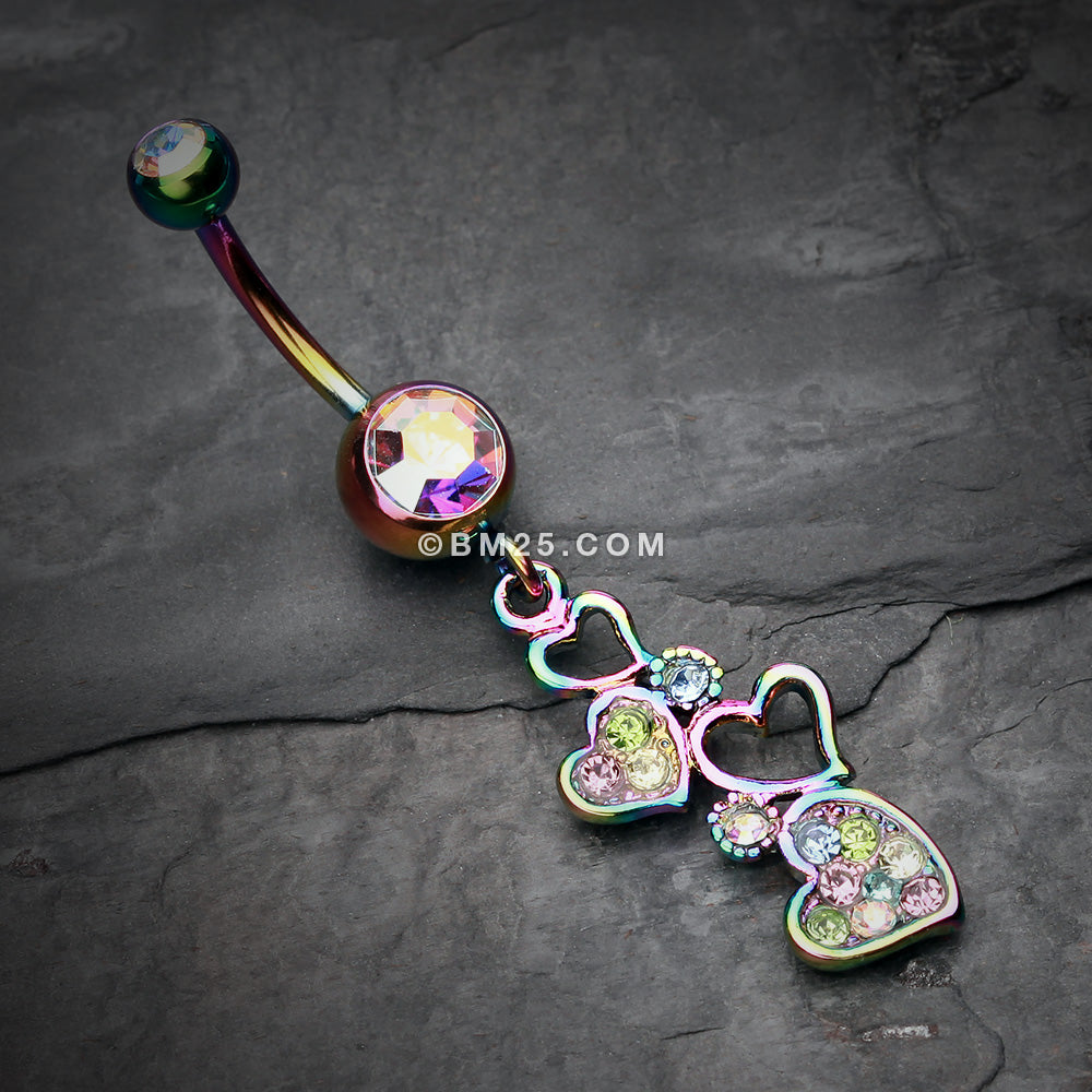 Detail View 2 of Rainbow Sparkling Heart Cluster Belly Button Ring-Rainbow/Aurora Borealis