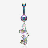 Rainbow Sparkling Heart Cluster Belly Button Ring