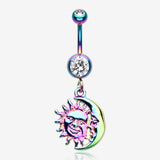 Rainbow Sun & Moon Union of Opposites Belly Button Ring-Clear Gem