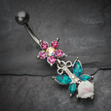 Detail View 2 of Butterfly Flower Sparkle Belly Button Ring-Aurora Borealis