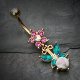 Detail View 2 of Golden Butterfly Flower Sparkle Belly Button Ring-Aurora Borealis
