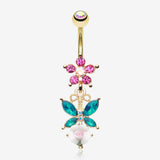 Golden Butterfly Flower Sparkle Belly Button Ring-Aurora Borealis