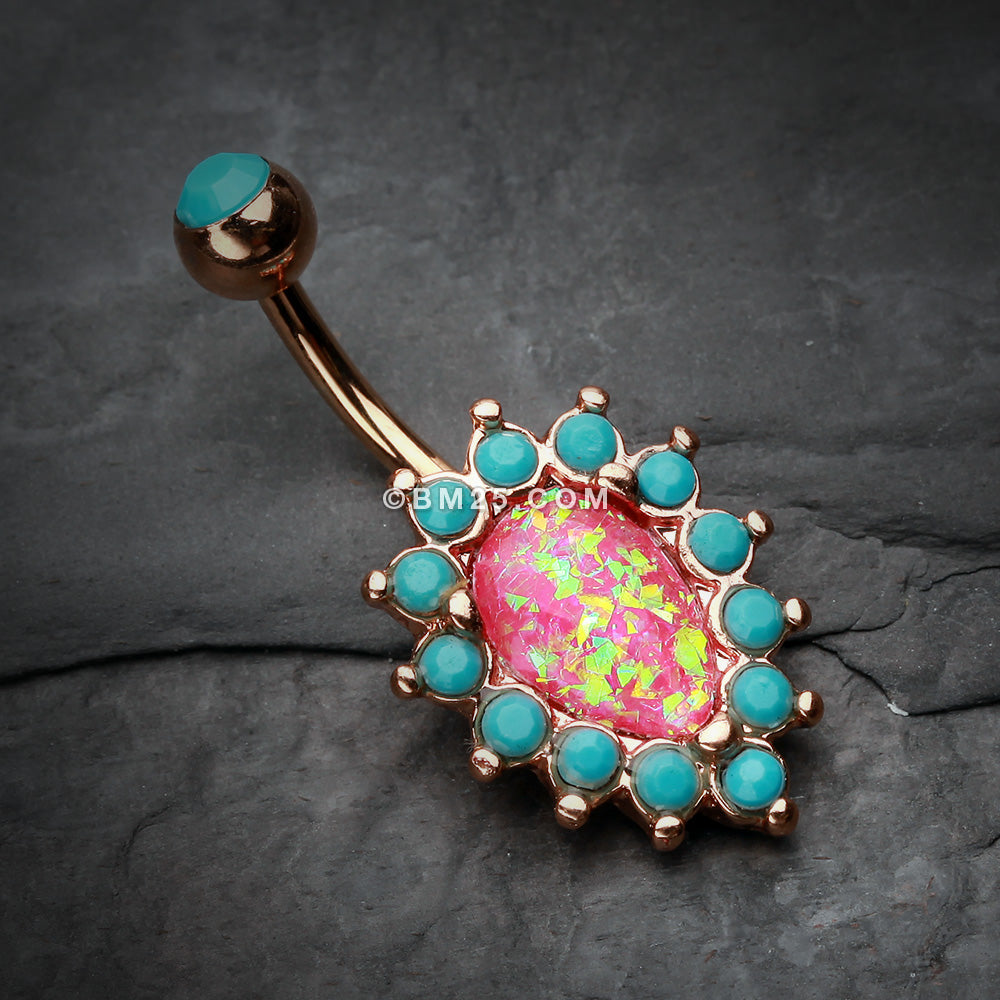 Detail View 2 of Rose Gold Opulent Opal Turquoise Belly Button Ring-Turquoise/Pink