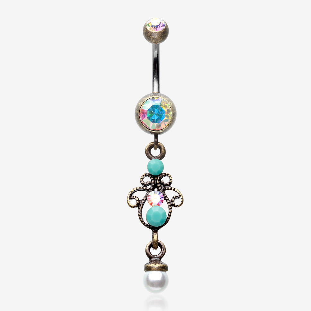 Vintage Boho Elegant Jeweled Pearl Belly Button Ring-Brass/Aurora Borealis/Turquoise