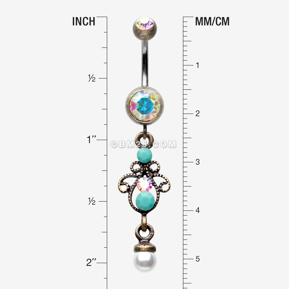 Detail View 1 of Vintage Boho Elegant Jeweled Pearl Belly Button Ring-Brass/Aurora Borealis/Turquoise