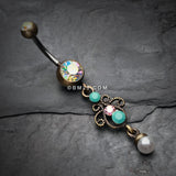 Detail View 2 of Vintage Boho Elegant Jeweled Pearl Belly Button Ring-Brass/Aurora Borealis/Turquoise