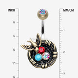 Detail View 1 of Vintage Boho Sparrow Birdnest Belly Button Ring-Brass/Aurora Borealis/Turquoise