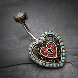 Detail View 2 of Vintage Boho Filigree Heart Lock Belly Button Ring-Brass/Aurora Borealis/Red