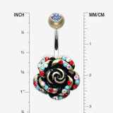 Detail View 1 of Vintage Boho Gleam Rose Belly Button Ring-Brass/Aurora Borealis/Red