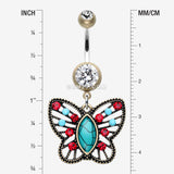 Detail View 1 of Vintage Boho Butterfly Fliligree Belly Button Ring-Brass/Clear/Turquoise