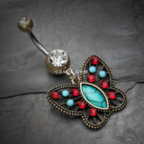 Detail View 2 of Vintage Boho Butterfly Fliligree Belly Button Ring-Brass/Clear/Turquoise