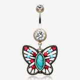 Vintage Boho Butterfly Fliligree Belly Button Ring-Brass/Clear/Turquoise
