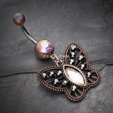 Detail View 2 of Vintage Boho Butterfly Fliligree Belly Button Ring-Copper/Aurora Borealis/Hematite
