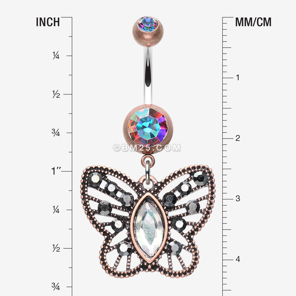 Detail View 1 of Vintage Boho Butterfly Fliligree Belly Button Ring-Copper/Aurora Borealis/Hematite