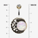 Detail View 1 of Vintage Boho Filigree Moon Opal Belly Button Ring-Brass/Clear/White