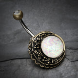 Detail View 2 of Vintage Boho Filigree Moon Opal Belly Button Ring-Brass/Clear/White