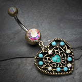 Detail View 2 of Vintage Boho Filigree Turquoise Heart Belly Button Ring-Brass/Aurora Borealis/Turquoise