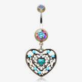 Vintage Boho Filigree Turquoise Heart Belly Button Ring-Brass/Aurora Borealis/Turquoise