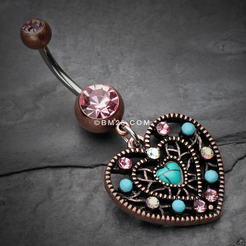 Detail View 2 of Vintage Boho Filigree Turquoise Heart Belly Button Ring-Copper/Pink/Turquoise