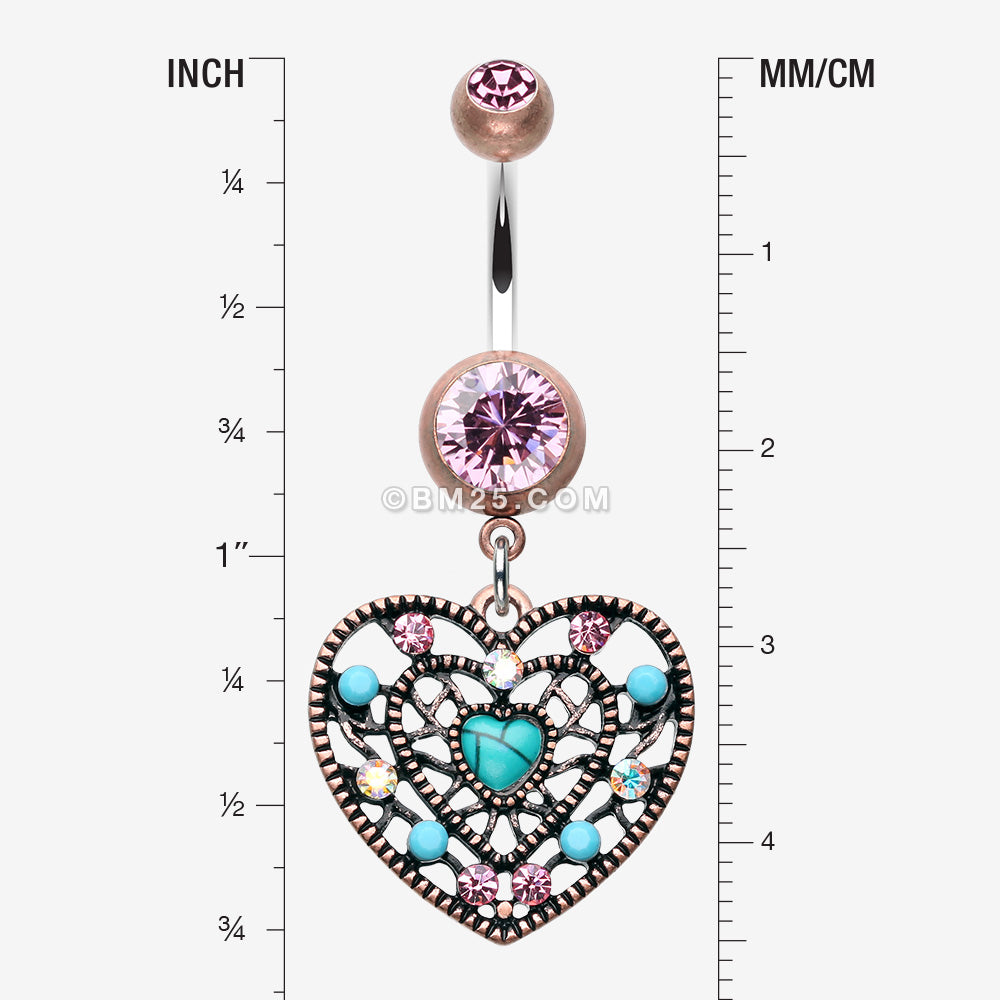 Detail View 1 of Vintage Boho Filigree Turquoise Heart Belly Button Ring-Copper/Pink/Turquoise
