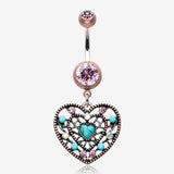 Vintage Boho Filigree Turquoise Heart Belly Button Ring-Copper/Pink/Turquoise