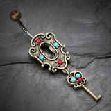 Detail View 2 of Vintage Boho Victorian Lock and Key Belly Button Ring-Brass/Red/Turquoise